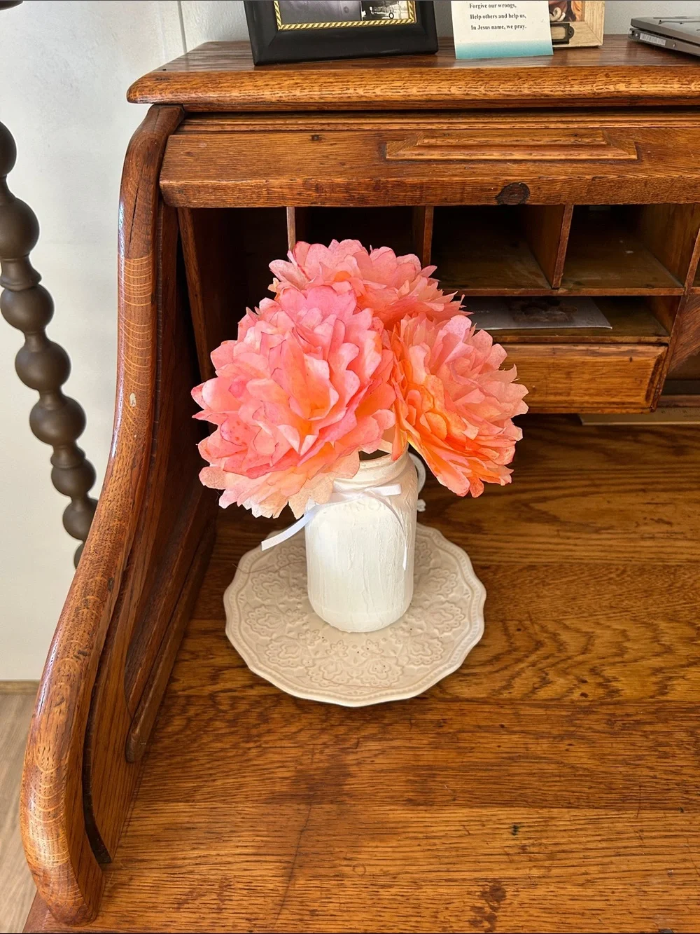 Farmhouse Handmade Peony Bouquet in Pink-Orange Mason Jar Vase - Home Accents